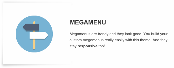 Megamenu - Megamenus are trendy and they look good. You build your custom megamenus really easily with this theme. And they stay responsive too!