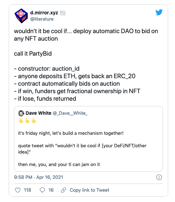 A screenshot of Denis's tweet: "wouldn't it be cool if you could deploy an automatic DAO to bid on an NFT auction?"