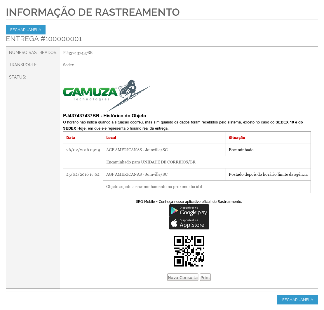 Gamuza Fretes - Magento - Informações sobre o rastreamento