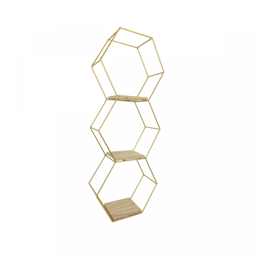 Repisa de 3 pisos hierro forjado y madera, dorado, 61x33cm