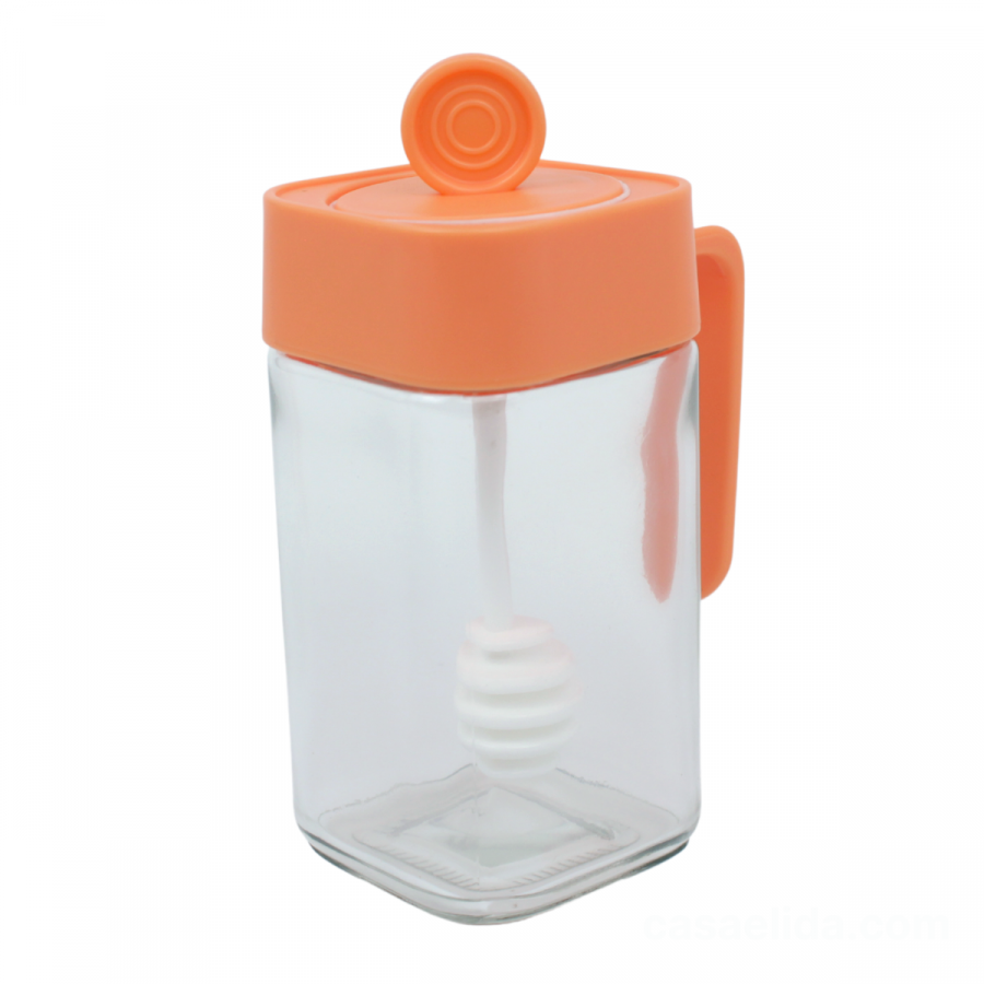 Frasco de miel naranja, 14x8.5x6cm, cuchara mielera