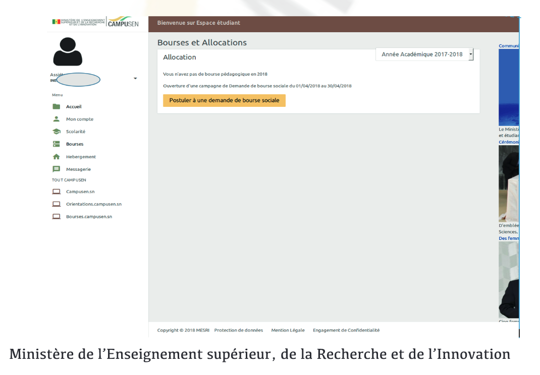 16 etudiant.campusen.sn Bourses sociales la procédure à suivre