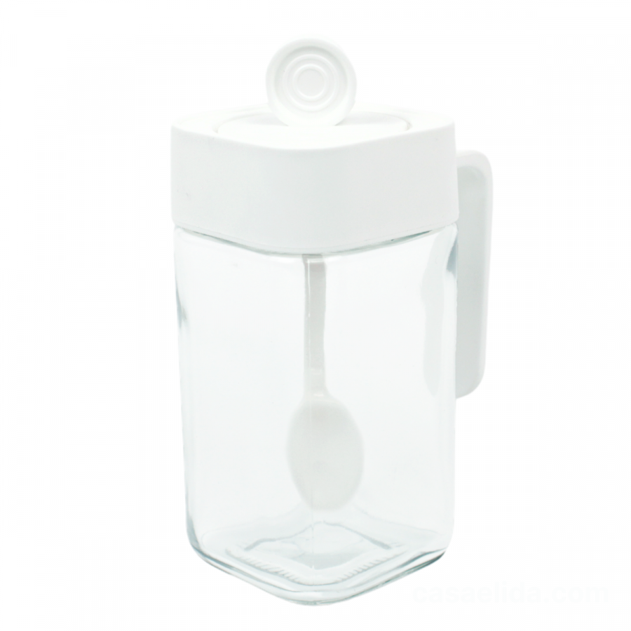 Frasco condimentero blanco, 14x8.5x6cm, cuchara