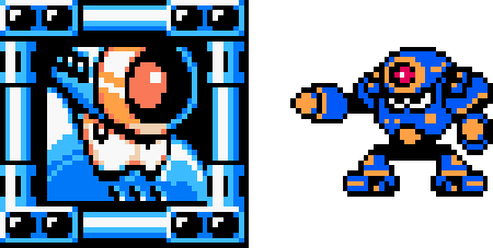 The original Napalm Man's stage-select-screen portrait and sprite from Mega Man 5 on the NES.