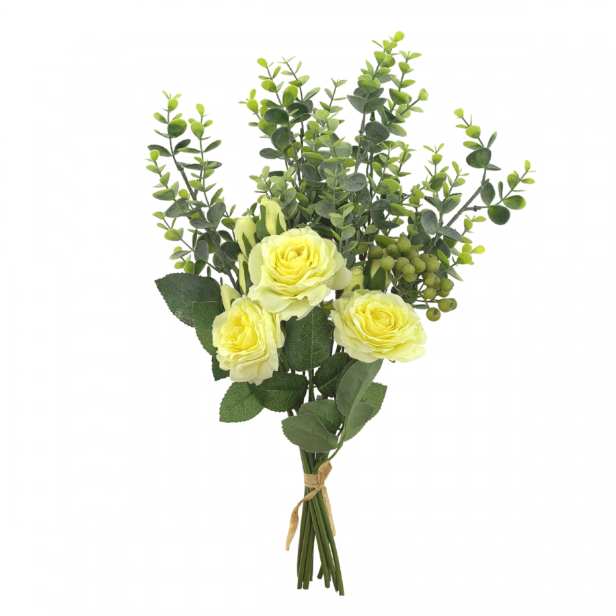 Bouquet artificial rosas, eucalipto y bayas, amarillo, 48cm