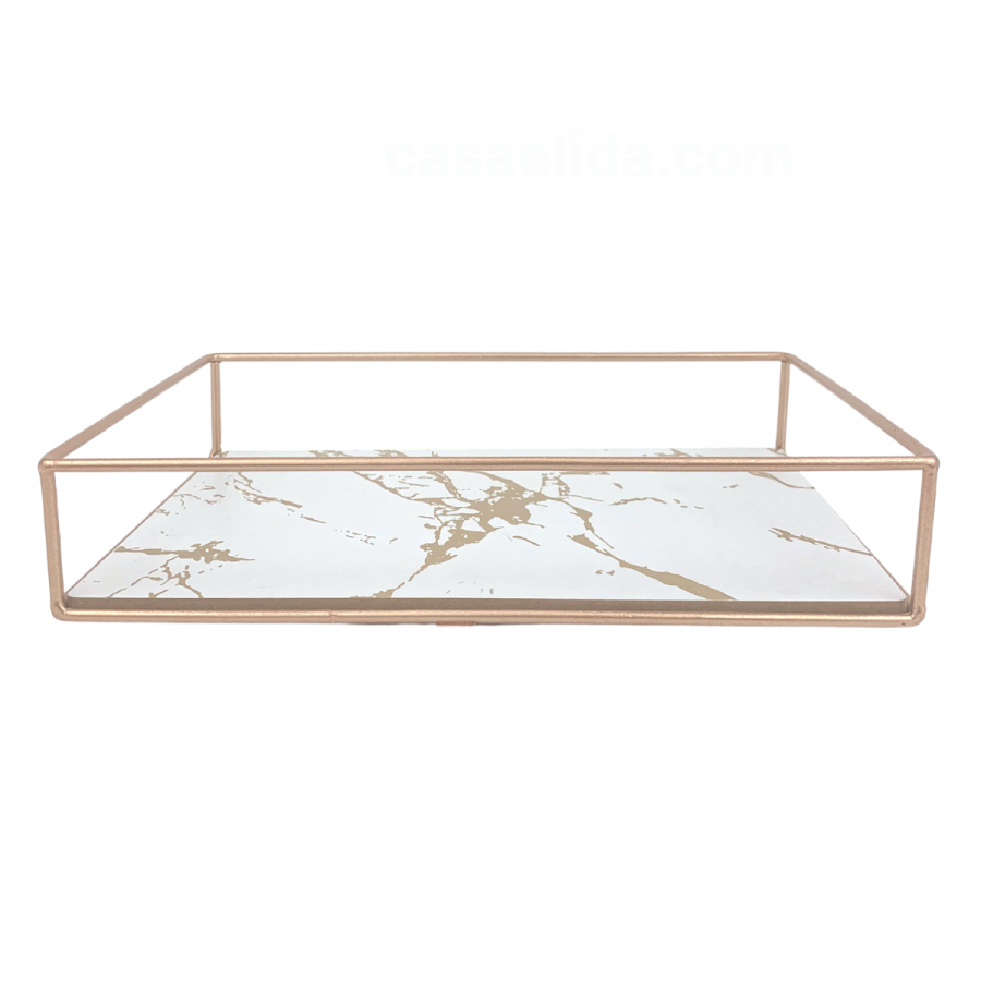 Bandeja decorativa marmoleada blanco, 4.5x23.5cm, hierro forjado