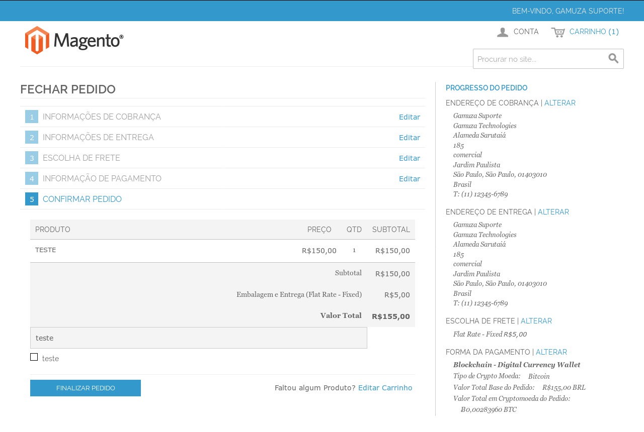 Gamuza Blockchain - Magento - Criando um Pedido na Loja - Informações