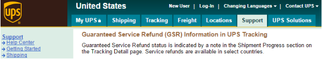 Guaranteed Service Refunds (GSR) Information found in UPS Shipment Progress