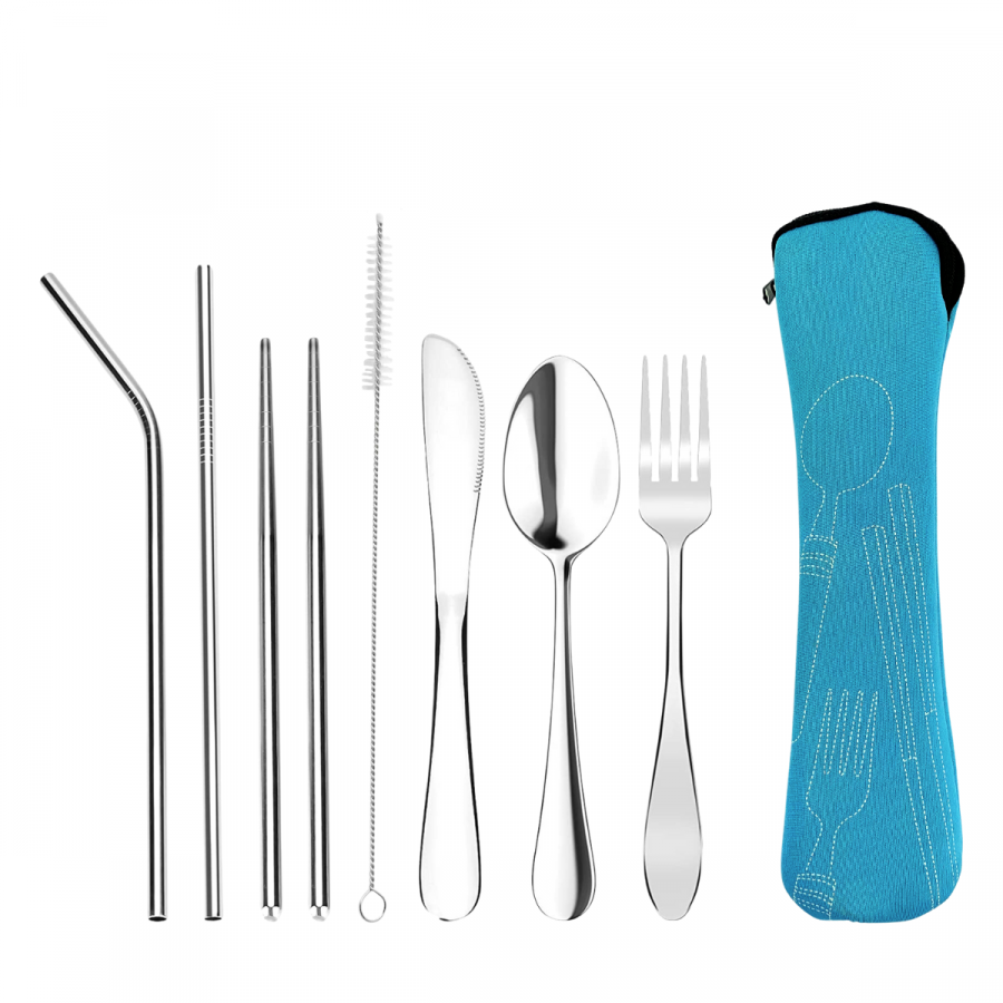 Set de cubiertos con estuche plateado, acero inox, 7 piezas
