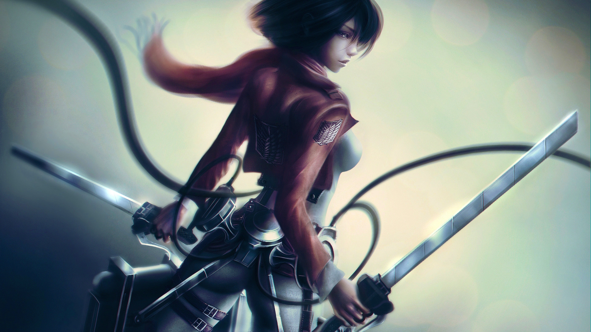 Wallpaper Attack On Titan 145 Mikasa Ackerman, anime, anime girls, scarf, black hair, black eyes, gear, girls with swords, white clothing, red clothing, Shingeki no Kyojin