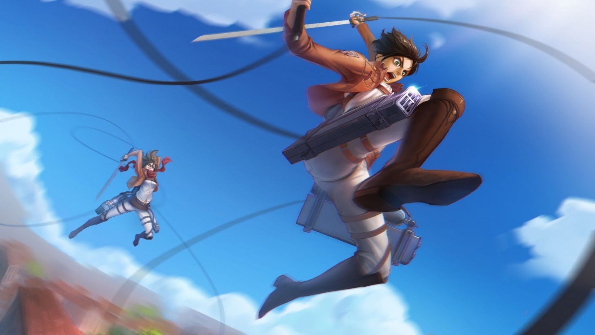 Wallpaper Attack On Titan 340 Shingeki no Kyojin, Mikasa Ackerman, Eren Jeager, jumping, anime, anime boys, low-angle