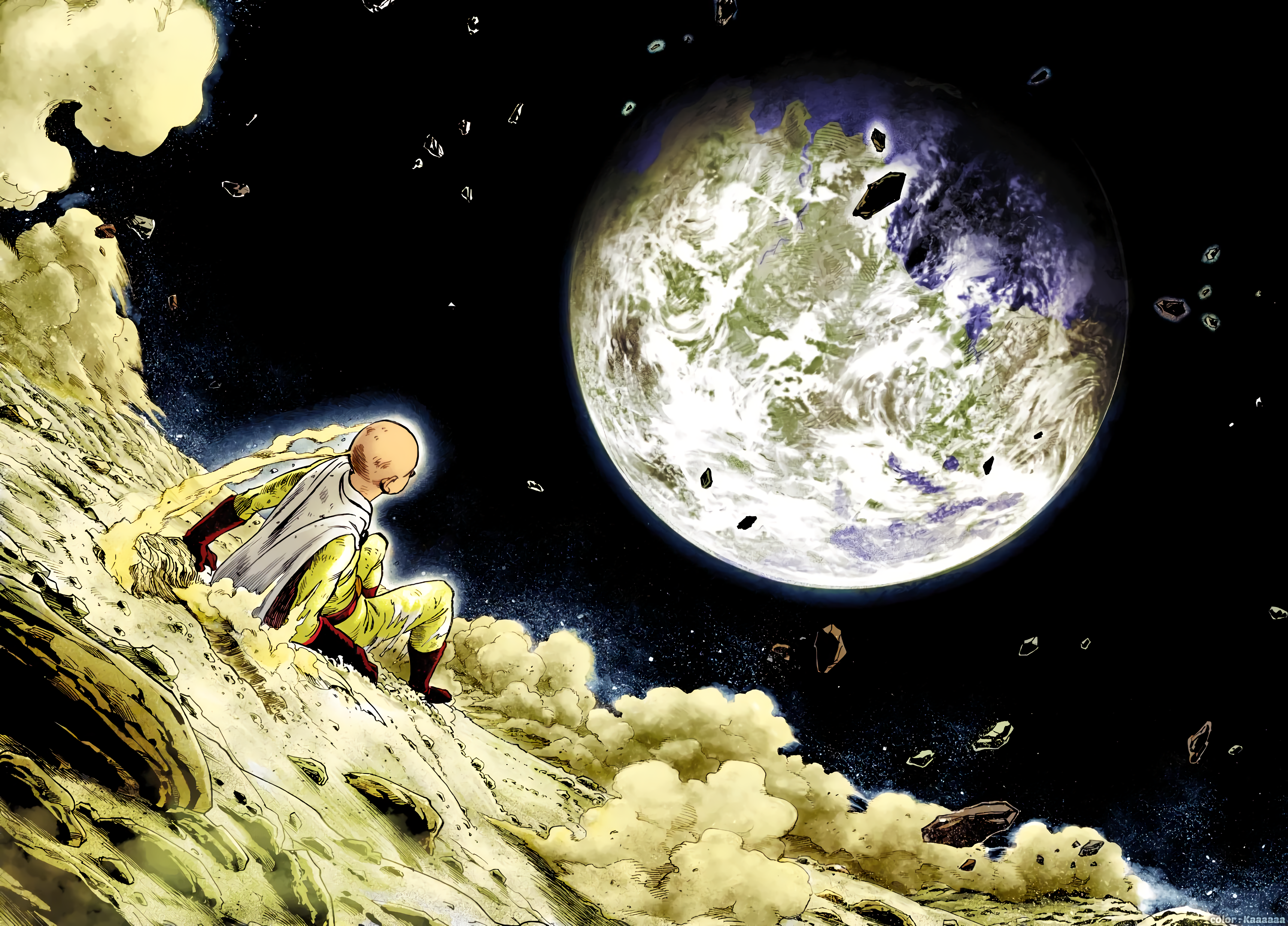 Wallpaper One Punch Man 68 anime, anime boys, white skin, One-Punch Man, fan art, Saitama, superhero, dark background, night, space, planet