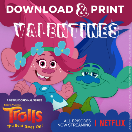 Download and print these free Valentine's inspired by the new hit Netflix series Trolls: The Beat Goes On, now available on Netflix!