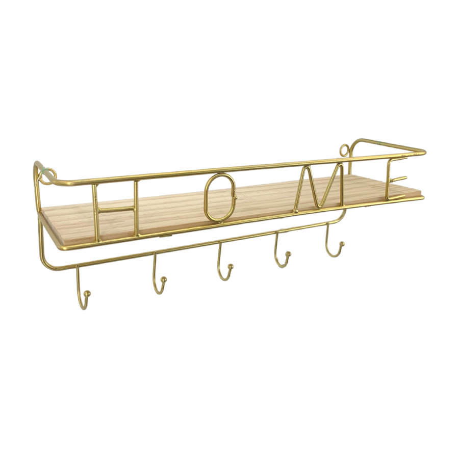 Repisa con 5 ganchos dorado, 35cm, hierro forjado y madera