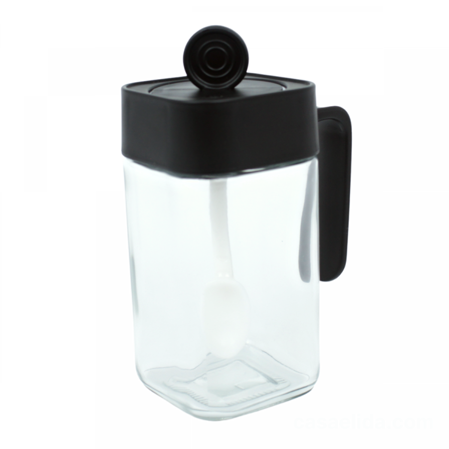 Frasco condimentero negro, 14x8.5x6cm, cuchara