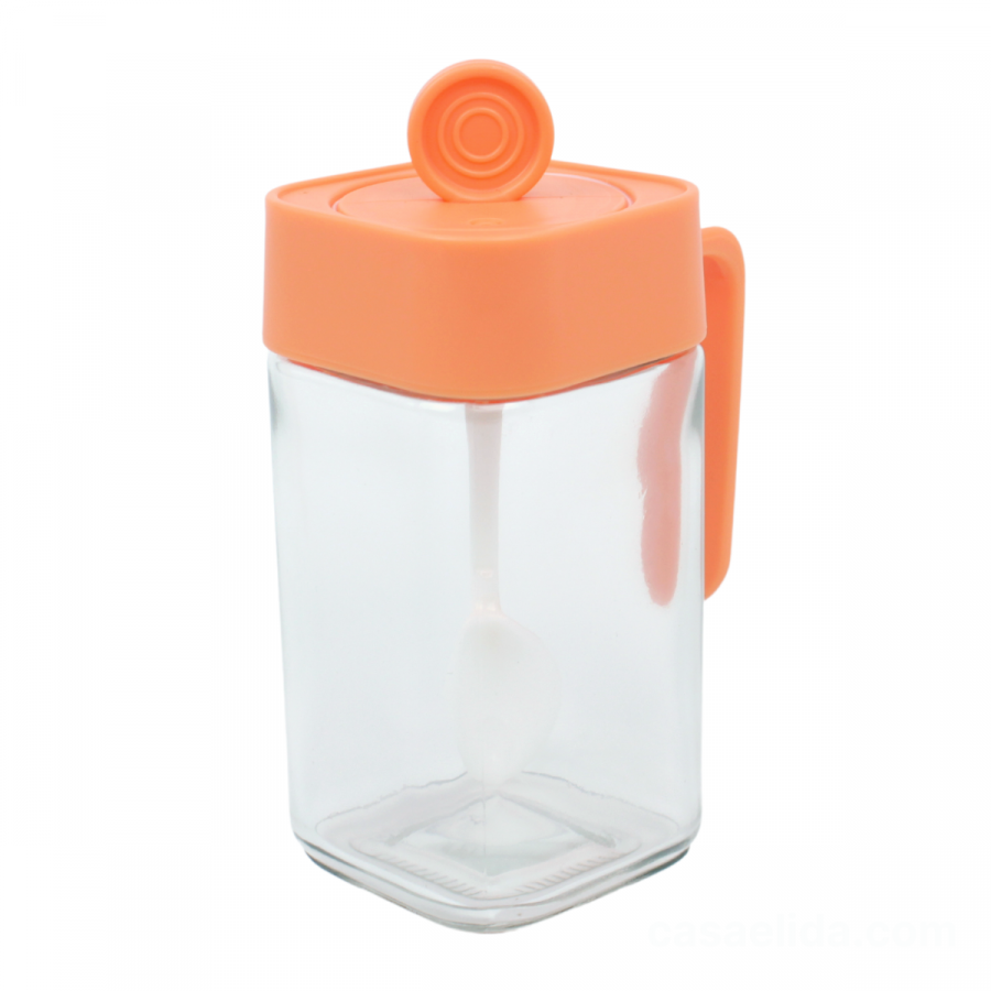 Frasco condimentero naranja, 14x8.5x6cm, cuchara