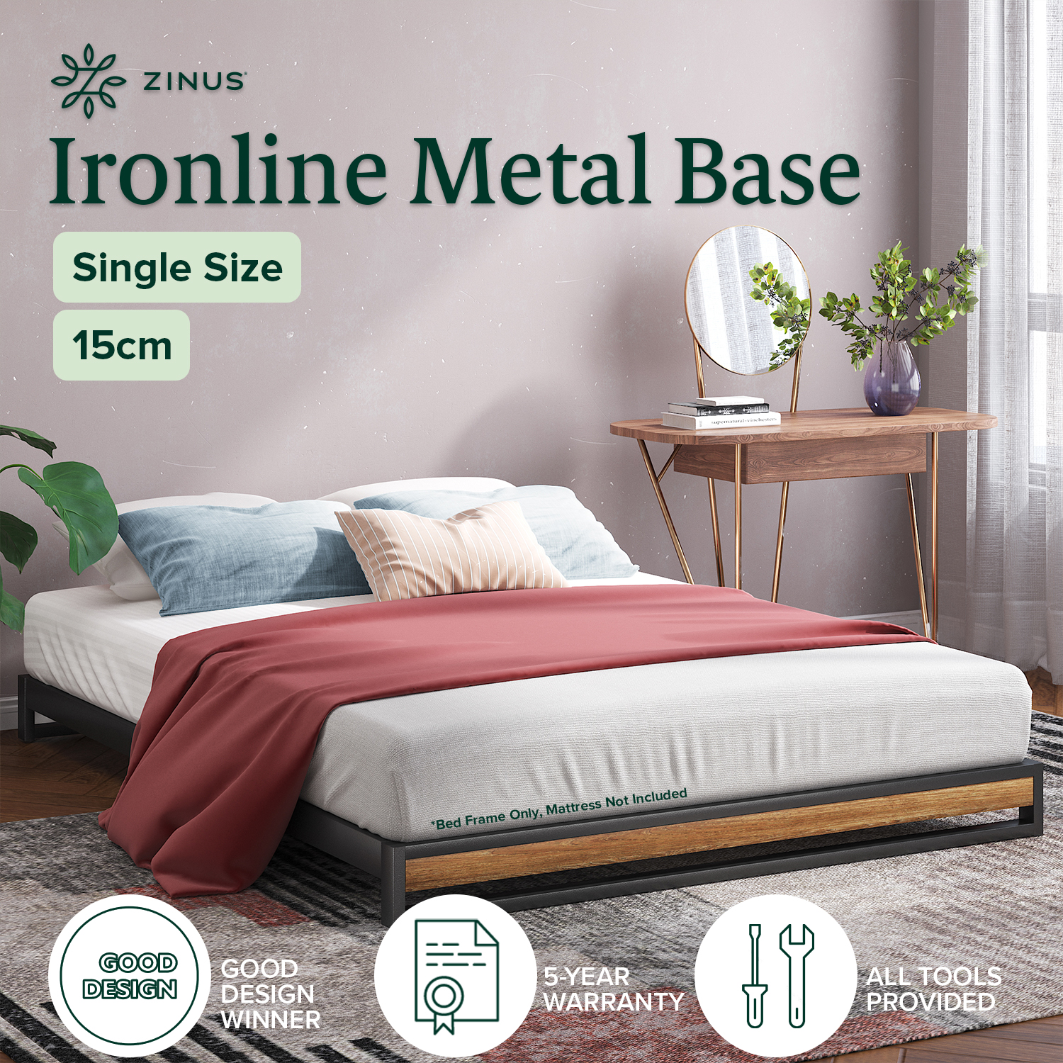 Zinus Bed Frame Queen Double King Single Industrial Metal Wood Design - Low Base - Picture 29 of 35