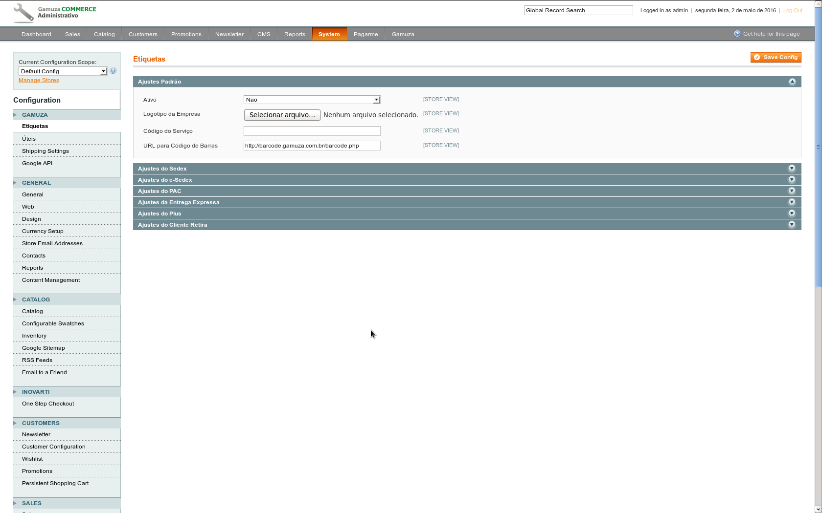 Gamuza Etiquetas - Magento - Configuração no Painel Administrativo - Ajustes padrões