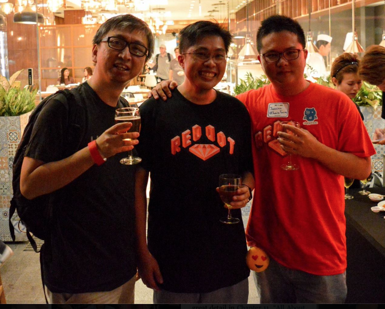 Chonnkeat, Winston, and Juanito Fatas at RedDotRubyConf 2016 after party