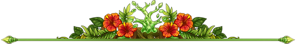 A green divider with the top half of a Nature Flight motif showing ferns, leaves and red hibiscus flowers around the Nature Flight banner. Art by Osiem