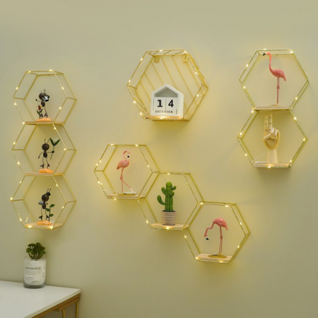 Repisa de 3 pisos hierro forjado y madera, dorado, 61x33cm