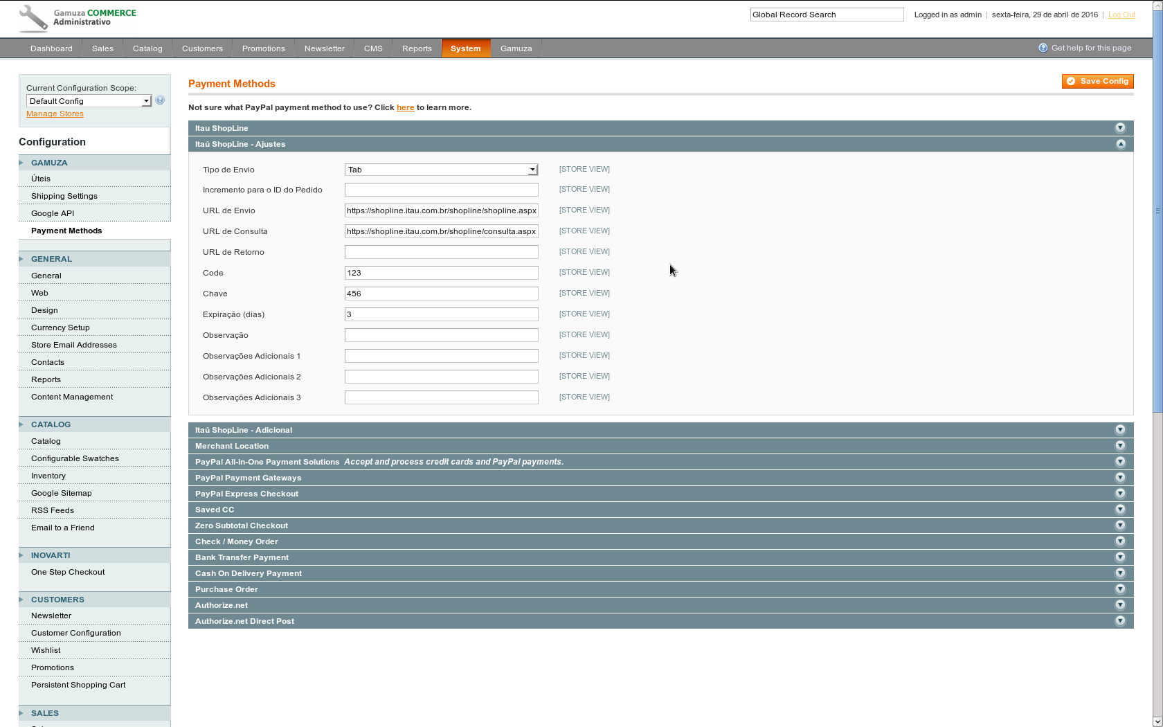 Gamuza Itaú ShopLine - Magento - Configuração no Painel Administrativo