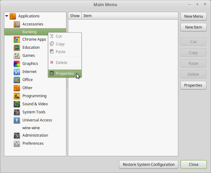 Right click on Banking and select Properties