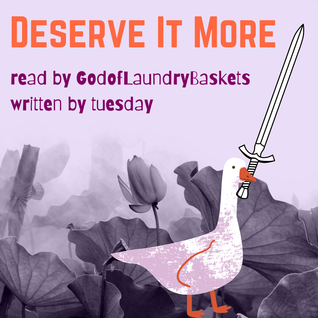 the goose from untitled goose game holding a sword on a backdrop of lotus leaves