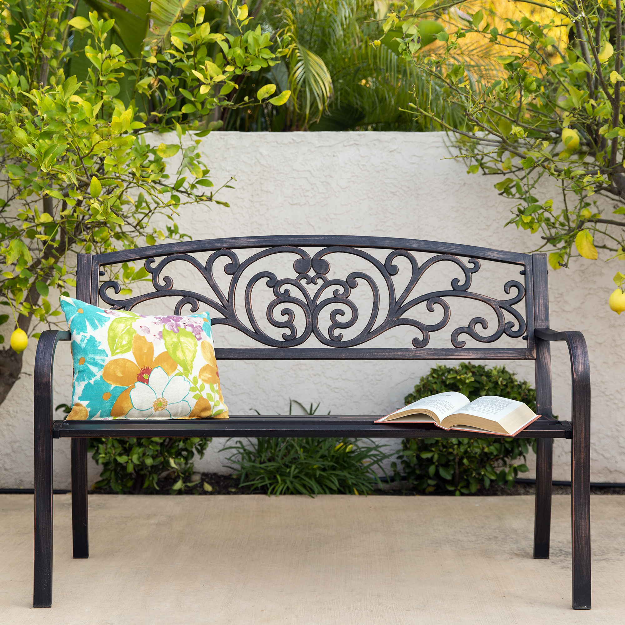 BCP 50in Steel Patio Garden Bench Accent Furniture w/ Floral Scroll ...