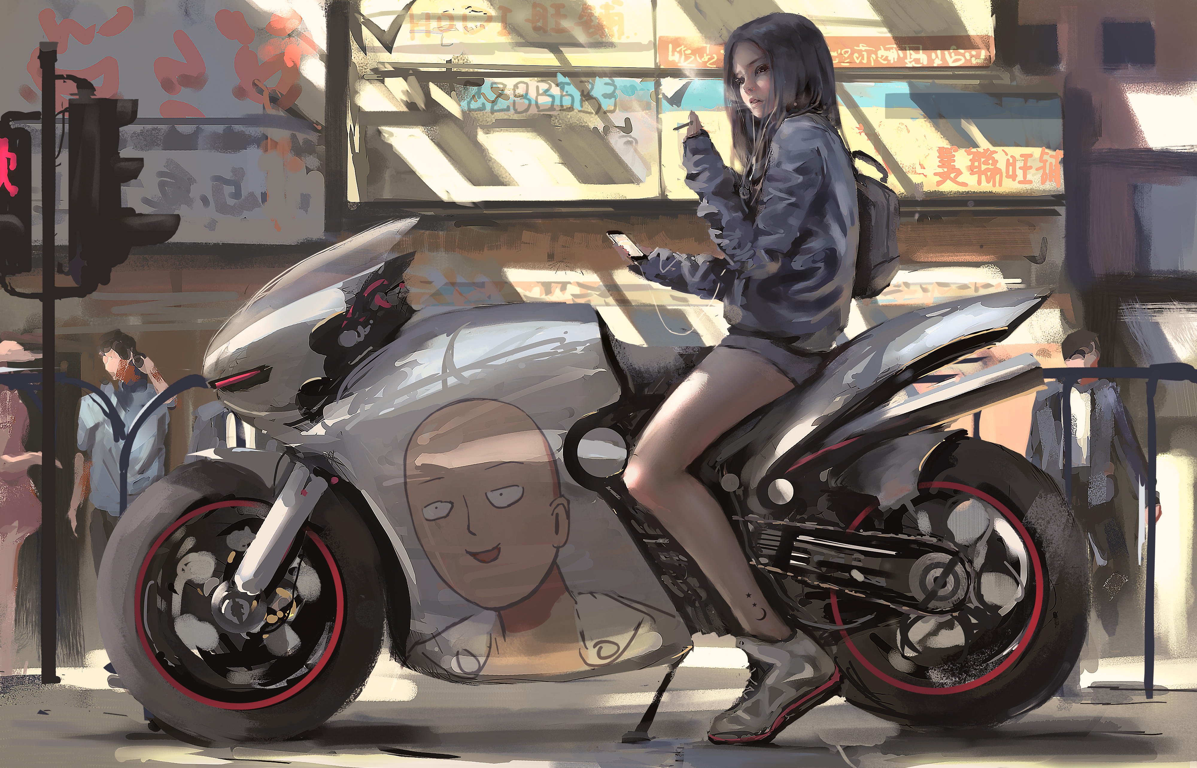 Wallpaper One Punch Man 88 WLOP, artwork, women, digital art, women with bikes, brunette, One-Punch Man, Saitama, smoking, motorcycle, street, anime, anime girls, painting, bald, side view