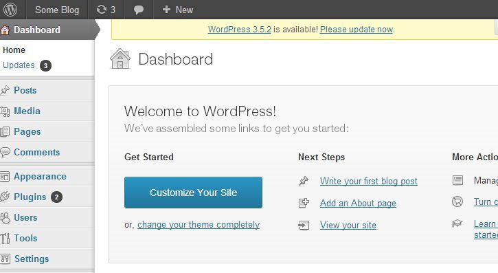 Giao dien WordPress Dashboard voi cac menu