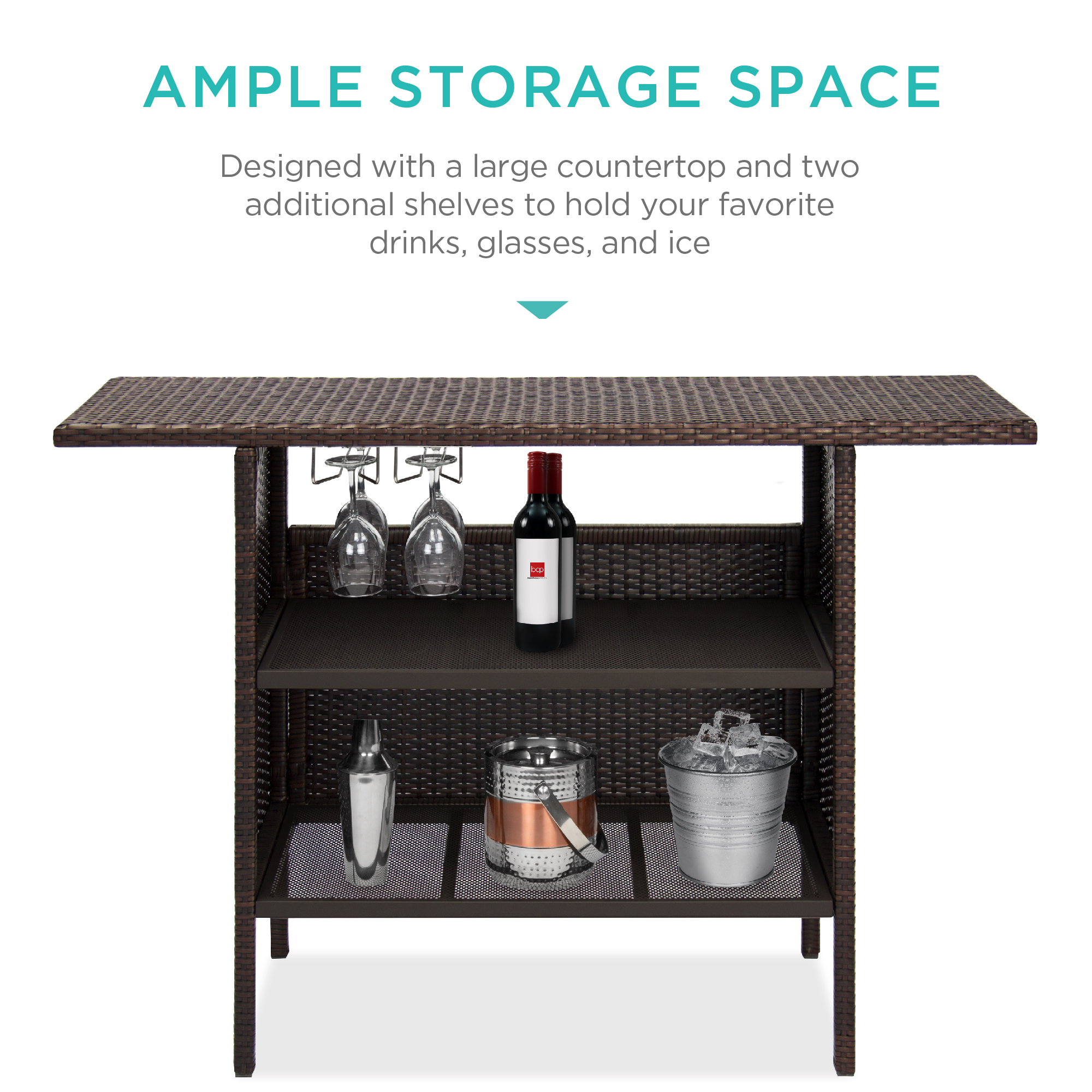 BCP Outdoor Wicker Bar Counter Table w/ 2 Steel Shelves, 2 Rails