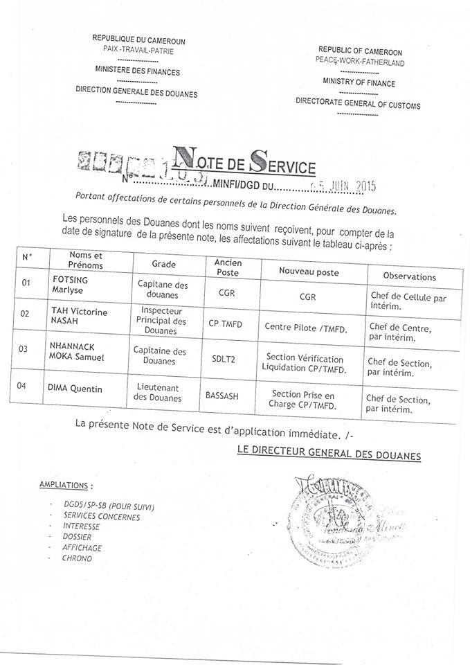 Affectations des certains personnels des Douanes (Direction Générale des Douanes Cameroun) MINFI 2015 Ministere des Finances Cameroun Kamerpower