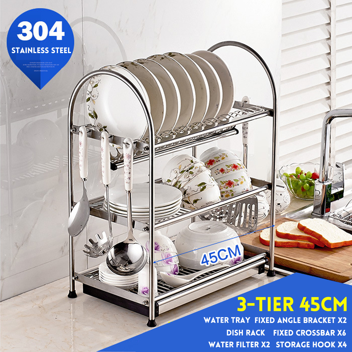 Parts & Accessories 2/3 Tier Dish Drainer Rack Storage Drip Tray Sink Drying Wired Draining