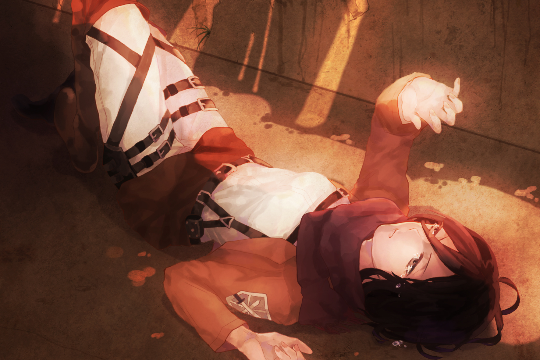 Wallpaper Attack On Titan 41 Shingeki no Kyojin, small boobs, short hair, black hair, female soldier, thighs, thick thigh, thigh high boots, anime girls, looking away, high angle, brown boots, sunset, 2D, Mikasa Ackerman, curvy, Military Uniform, fan art, anime