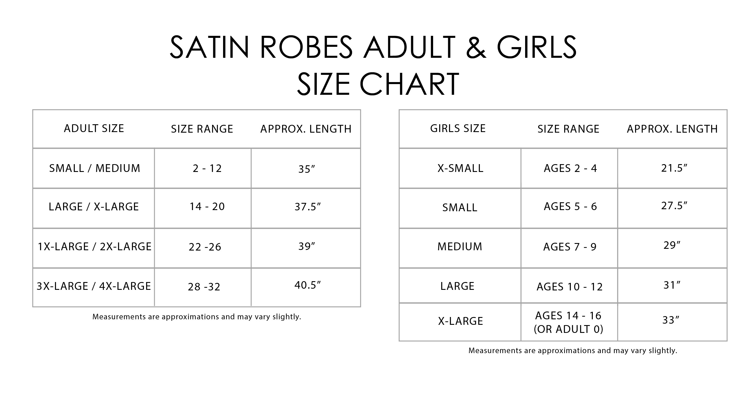 Robe Size Chart