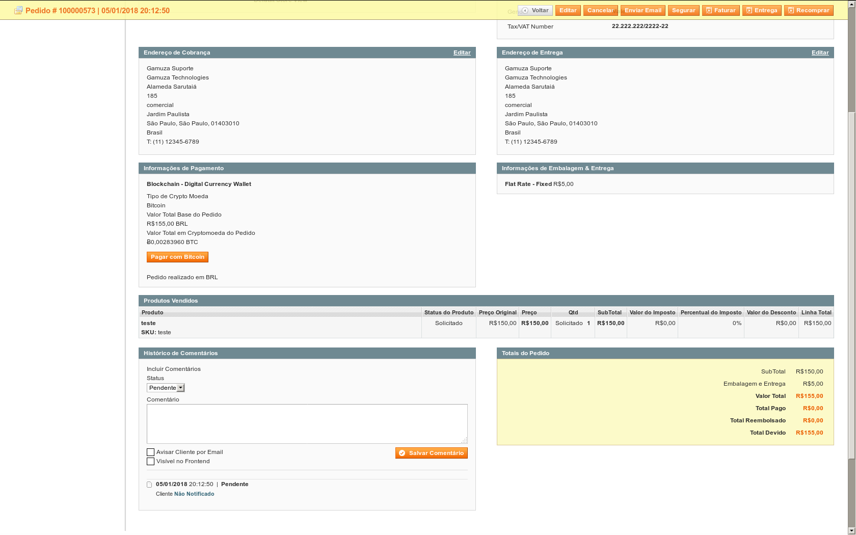 Gamuza Blockchain - Magento - Consultando um pedido no painel administrativo