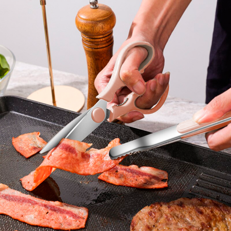 Set de tijera, pinza y pelador multifuncional para barbacoa rosado, acero inox