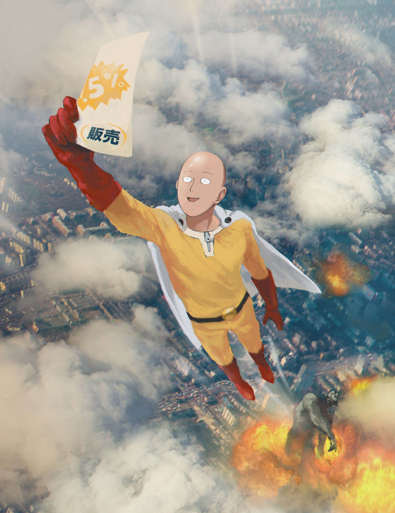 Wallpaper One Punch Man 71 One-Punch Man, Saitama, anime boys, 2D, creature, bodysuit, bald, poker, sky, flying, explosion, clouds, city, fan art