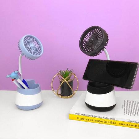 Ventilador portátil con portacelular negro, 24x9.5x9.5cm