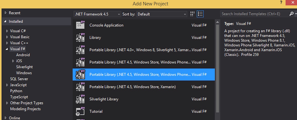 F# PCL in Visual Studio