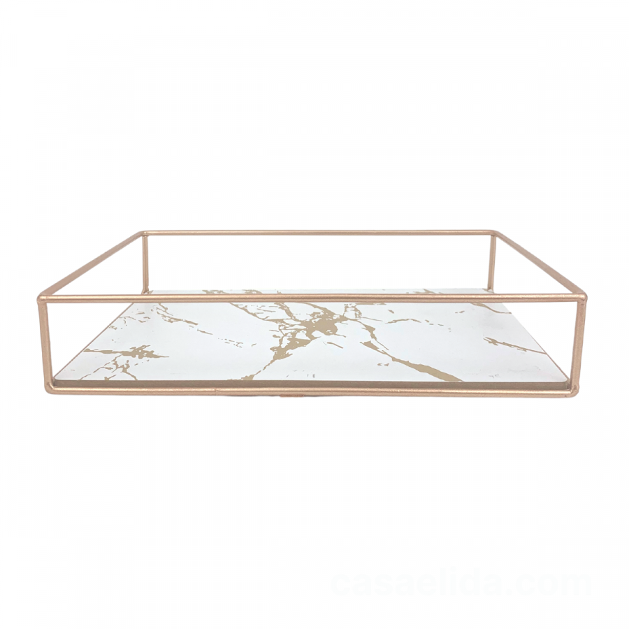 Bandeja decorativa marmoleada blanco, 3.5x20cm, hierro forjado