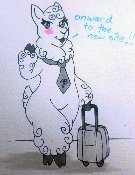 a drawing of a cartoonish alpaca waving at the screen with one hand and a suitcase in the other hand, saying 'onward to the new site!'