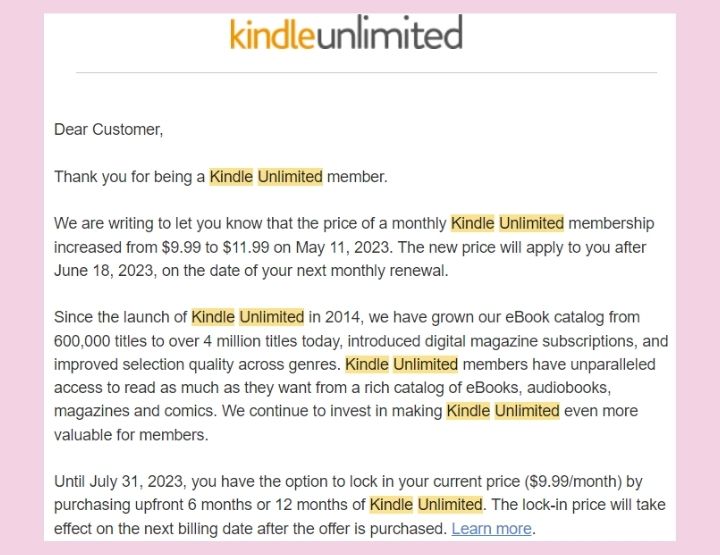 Kindle Unlimited price change