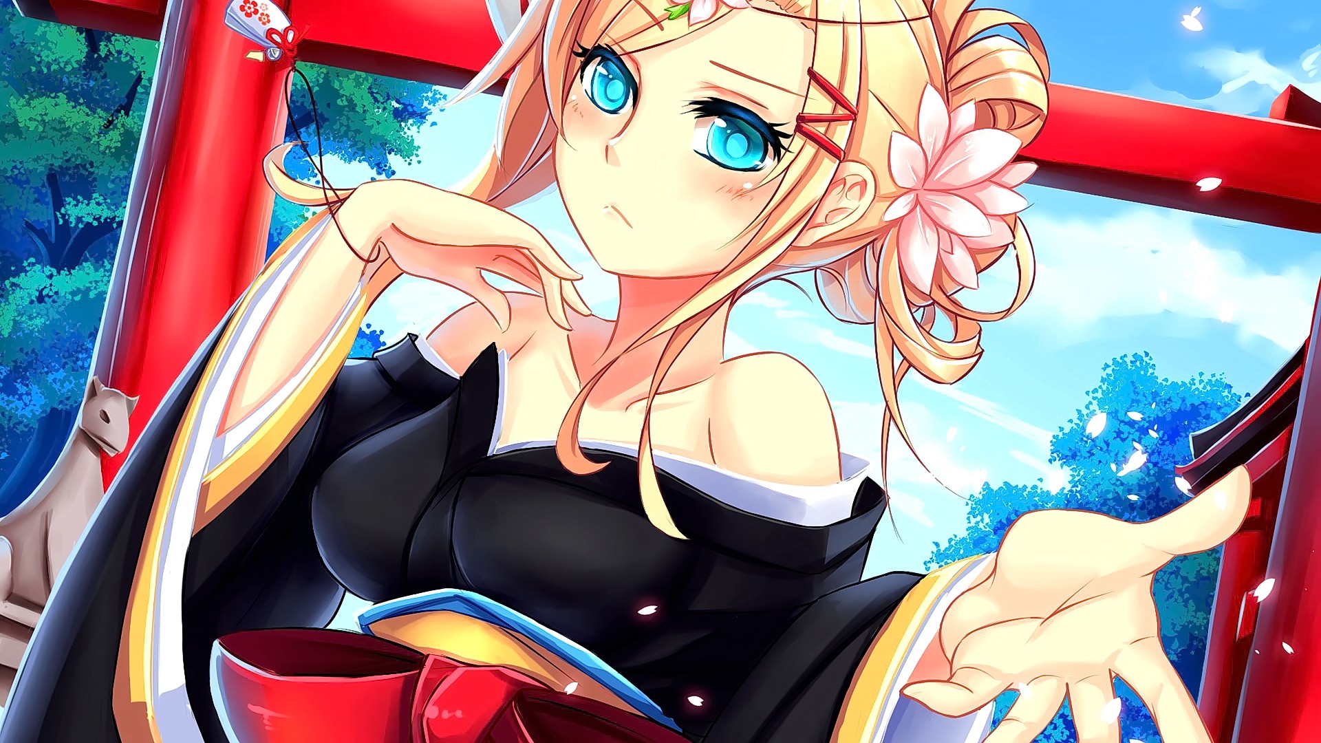 Wallpaper Attack On Titan 260 anime, anime girls, shrine, kimono, blue eyes, blonde, hair ornament, Leonheart Annie, Shingeki no Kyojin, short hair, sky, clouds, Japanese clothes, Asian architecture, looking at viewer