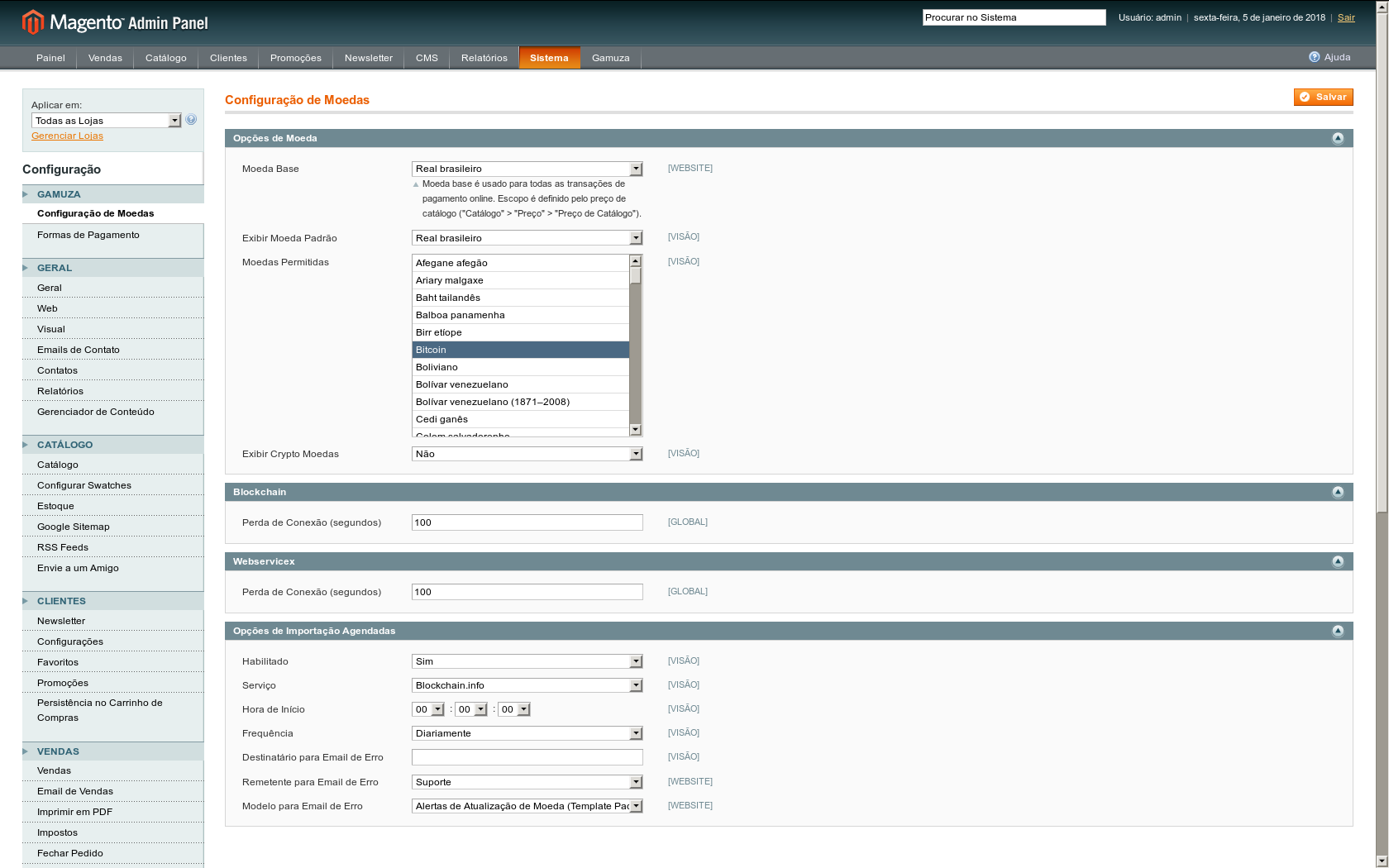 Gamuza Blockchain - Magento - Configuração da Moeda no Painel Administrativo