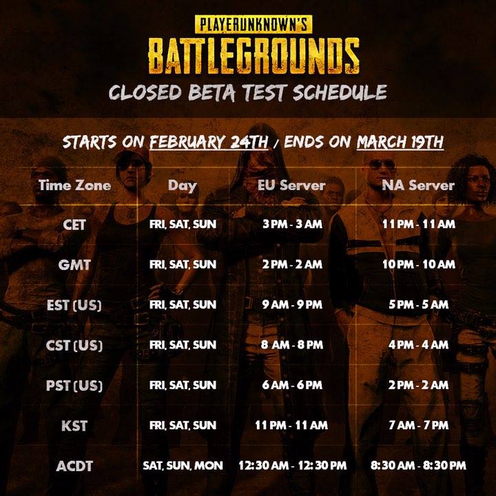 PUBG: BATTLEGROUNDS - Closed Beta Schedule! - Steam News