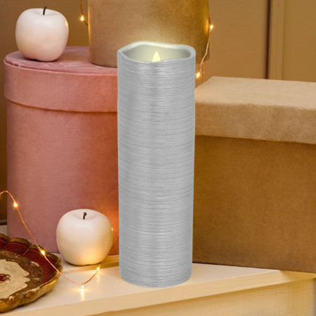 Vela artificial de cera plateado, 23xØ7.5cm, led