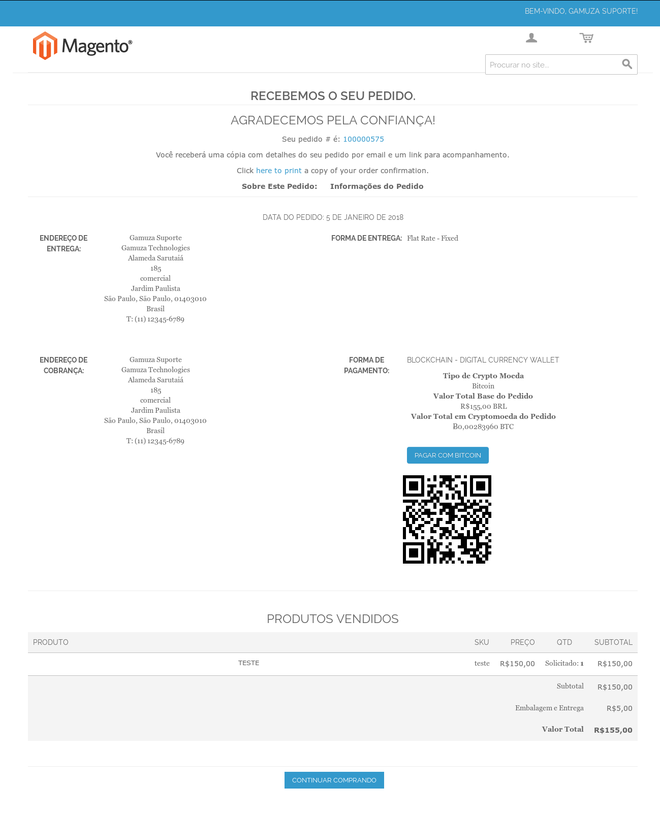 Gamuza Blockchain - Magento - Página de Sucesso do Pedido