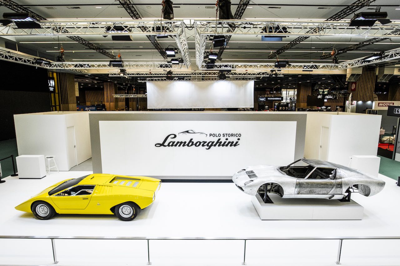 Lamborghini Polo Storico display Countach LP 500 and Miura SV at Rétromobile Paris 2022